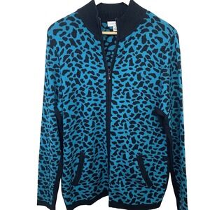 Susan Graver Full Zip Cardigan Woman Large Blue Animal Print Pockets‎ Stretch